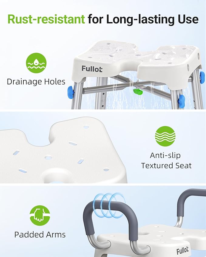 Ergonomic H-Shaped Shower Chair for Elderly and Disabled with Back & Padded Arms,500 lbs Heavy Duty Adjustable Shower Stool Seat for Easy Cleaning, Anti-Slip Bath Chairs for Bathtub