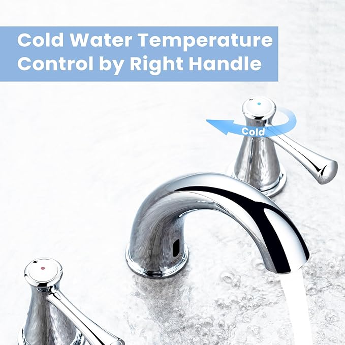 Touchless Bathroom Faucet for 3 Holes with 3 Handles, Controlling Temperature & Adjustable Water Flow, Short & Long Induction Modes, Auto Motion Sensor Chromed Bathroom Faucet Set 29180