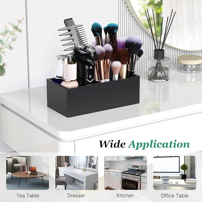 Luxspire Toothbrush Holder, 5 Slots Toothbrush Razor Holder Toothpaste Stand, Resin Decorative Dental Storage for Bathroom Accessories Set Vanity Counter Sink Organizer Storage Organizer Caddy - Black