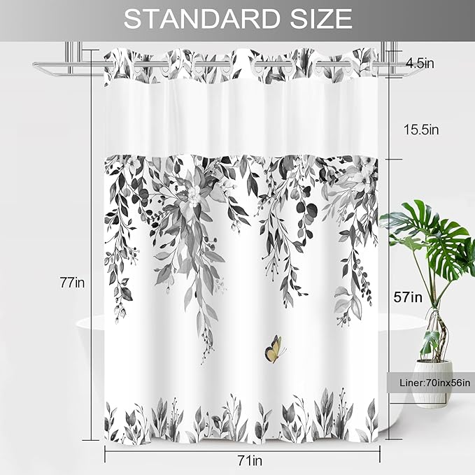 No Hook Shower Curtain and Liner Set, Grey Eucalyptus Floral Shower Curtains for Bathroom, Bath Curtain Sets with Snap in Liner, Waterproof with See Through Top Window, 71x77 Inches