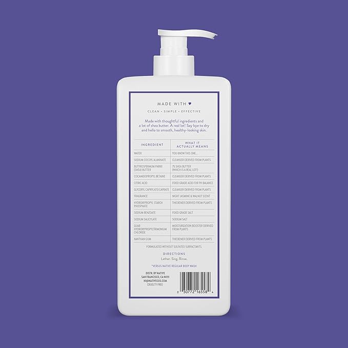Native Moisturizing Body Wash Contains Naturally Derived Ingredients | For Women & Men, Sulfate, Paraben, & Dye Free Leaving Skin Soft and Hydrated | Night Jasmine & Walnut 18 oz