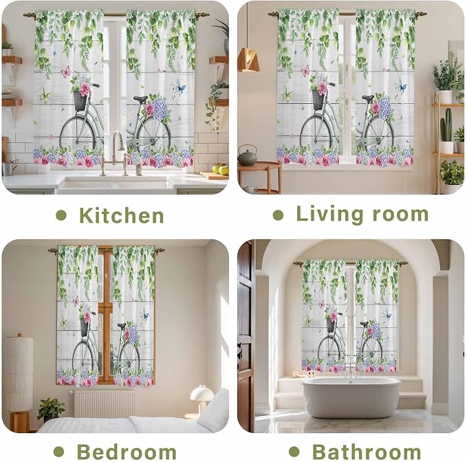 Spring Kitchen Curtains, Bicycles Botanical Rose Leaves Butterfly Wood Grain - Image 8
