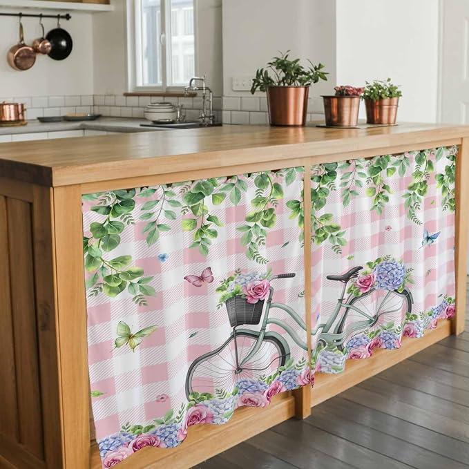 Spring Tier Curtains, Bicycles Leaves Butterfly Flowers Pink Buffalo Plaid - Image 7