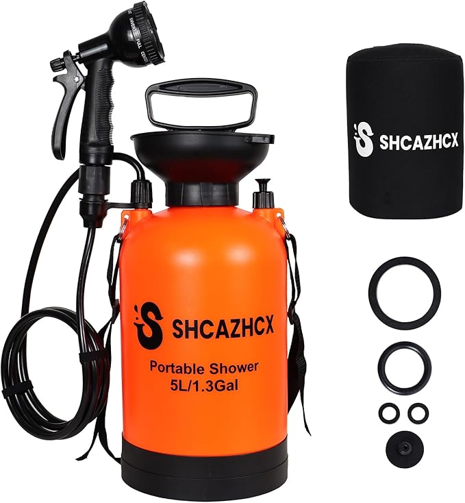 1.3 Gallon/5L Portable Outdoor Shower, 10 Spray Modes, No Power Needed, Insulated Sleeve Keeps Water Warm, Multi-Use Sprayer for Camping, Beach & Surfing, Fishing, Hiking, Road Trips, Orange