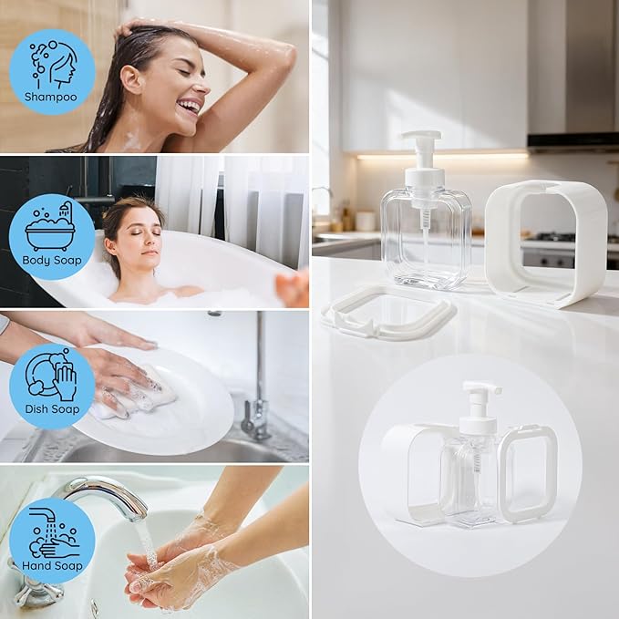 Segbeauty 10.1oz Foam Dish Soap Dispenser for Kitchen Sink, 300ml Square Foaming Pump Bottles for Bathroom Shower Shampoo, 2pcs White Empty Plastic Foam Hand Wash Dispenser Bottles with Label Stickers