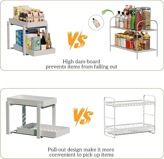 2 Pack Under Sink Organizer, Bamboo Wooden 2-Tier Pull-Out Storage with Sliding Drawers for Kitchen and Bathroom Cabinets, Easy Installation (White, 2 Packs)