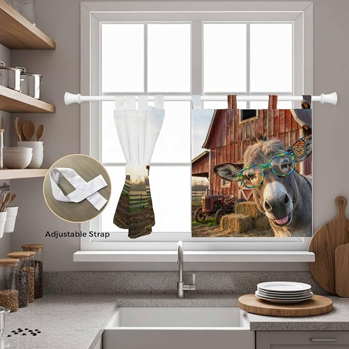 Farm Donkeys Kitchen Curtains 36 Inch Length, Small Window Curtains Tab Top - Image 5