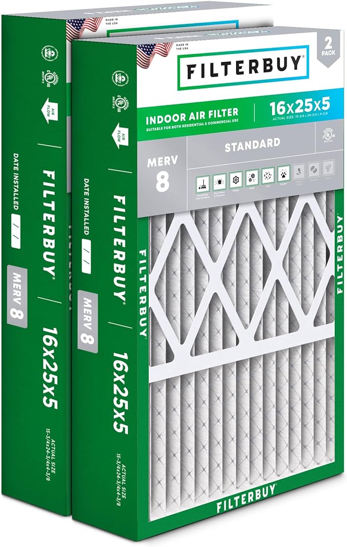 Filterbuy 16x25x5 Air Filter MERV 8 Essential Dust & Allergy Defense, Pleated by Filterbuy