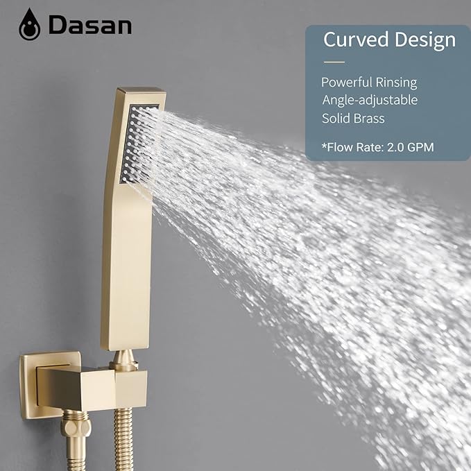 DASAN Tub Shower Faucets Sets Complete Brushed Gold Bathtub Shower System with Tub Spout, Bathtub Faucet Set Tub and Shower Faucet Combo Trim Kit with Rough-in Valve, DA-SS03BG-S10W