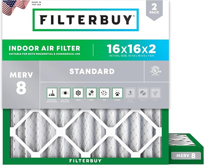 Filterbuy 16x16x2 Air Filter MERV 8 Essential Dust & Allergy Defense, by Filterbuy