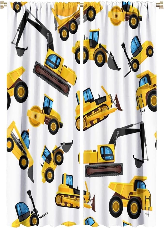 Kids Construction Equipment Window Curtains, Excavator Tractor Tow Truck Rod by SHElifestyle