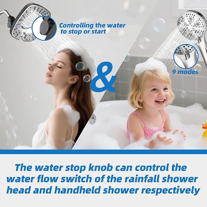 Shower Head with Handheld Spray Combo 2 in 1 Rainfall High Pressure with 59" Rotatable Stainless Steel Hose 9 Spray Modes Detachable Silver
