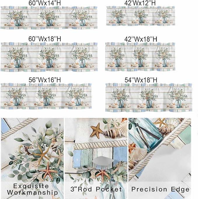 Kitchen Valances for Window, Ocean Starfish Conch Shell Eucalyptus Light - Image 7
