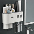 No-Drill Wall Mounted Toothbrush Holder, Bathroom Shelf, with Automatic Toothpaste Dispensers 6 Brush Hooks Magnetic Cups 1 Cosmetic Drawer Organizer and Large Storage (2 Dispensers 2 Cups)