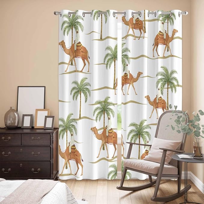 2 Panel Kitchen Cafe Curtains, Desert Camels Sunlight Filtering Nature Air - Image 3