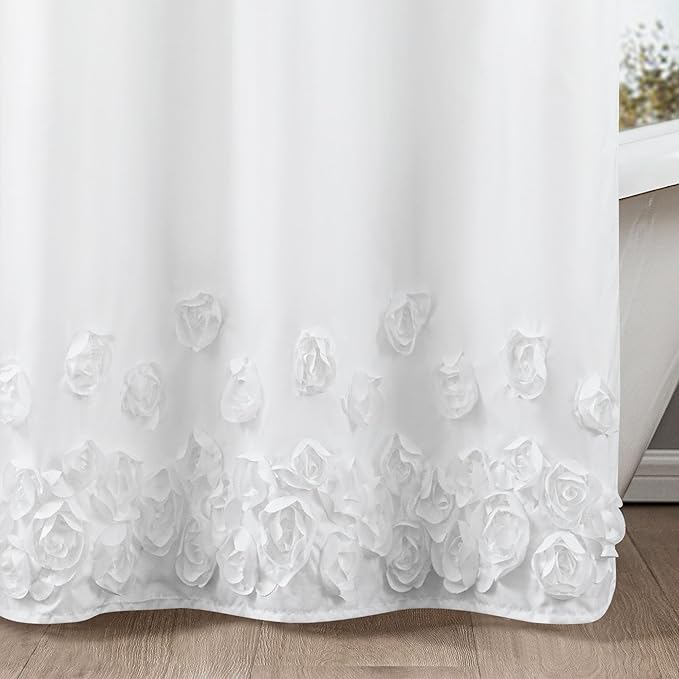 ROSERY No Hook Shower Curtain with Snap in Fabric Liner Set, Boho Farmhouse Shower Curtain for Bathroom with Applique Flower Buds Ribbon Bottom, Floral Pattern, 71" W x 74" L