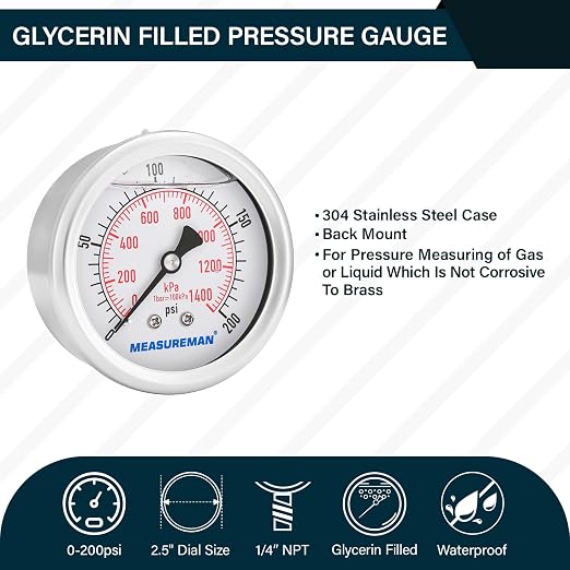 MEASUREMAN 2-1/2inch Dial Size, Glycerin Filled Pressure Gauge, 0-200psi/kpa - Image 2