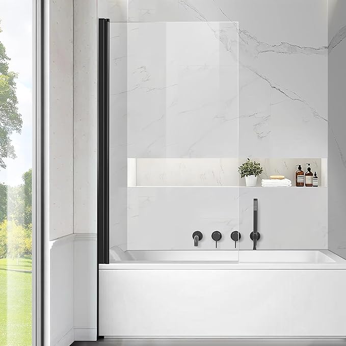 Frameless Tub Shower Door, Clear Tempered Glass Bathroom Shower Door 30" W*55" H, Hinged Foldable Bathtub Screen with Matte Black Wall Profile Support