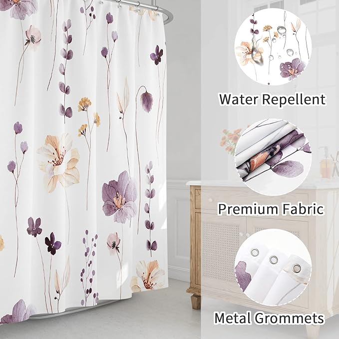 Gibelle Small Stall Shower Curtain 36 x 72, Narrow Half Watercolor Floral Fabric Shower Curtain, Plum Beige Flower Decorative Bathroom Shower Curtain Set