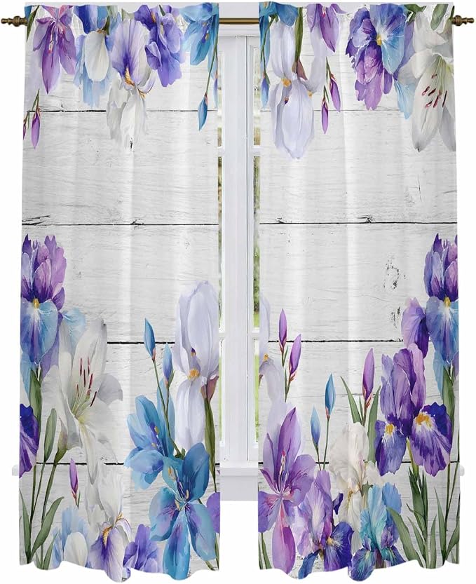 Spring Flowers Kitchen Curtains, Watercolor Garden Florals Wooden Grain Light by Unknown