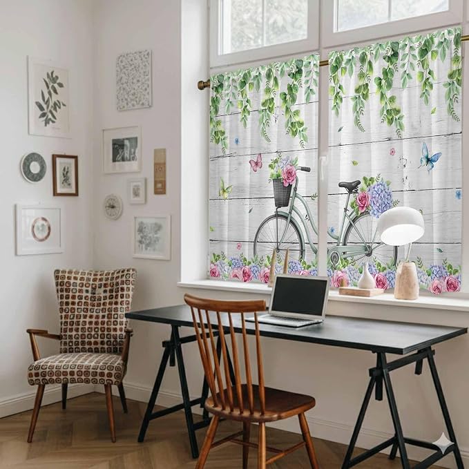 Spring Tier Curtains, Bicycles Botanical Rose Leaves Butterfly Wood Grain Light - Image 6
