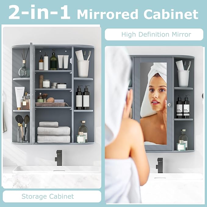 COSTWAY Wall Mounted Bathroom Cabinet - Storage Organizer with Mirror Door, Adjustable Shelves & 6 Open Racks, Space-Saving Hanging Medicine Cabinet for Living Room Kitchen Entryway (Gray)