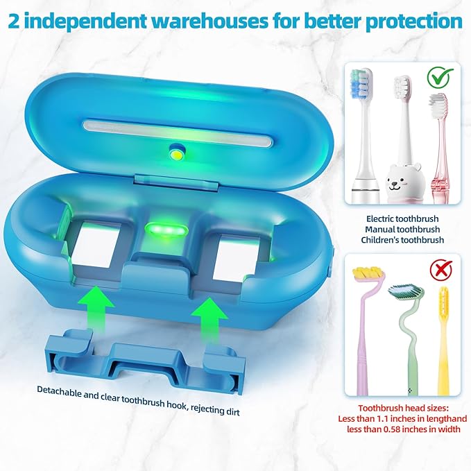 Toothbrush sanitizer,Heating-Drying, UV Toothbrush Holder,2 Independent Cleaning Chambers,Ultra-Long Running time-10000mAh Rechargeable,Toothbrush sterilizer,Wall-Mounted,Modern Design,Blue