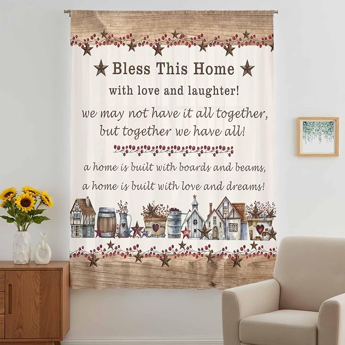 Farmhouse Sheer Curtains 108 Inch Length Country Star Barn Berry Brown Wood - Image 5