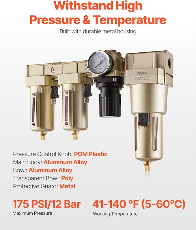 VEVOR Air Compressor Filter Regulator Combo, 1/2" NPT 3-Stage 25μm & 5μm & - Image 3