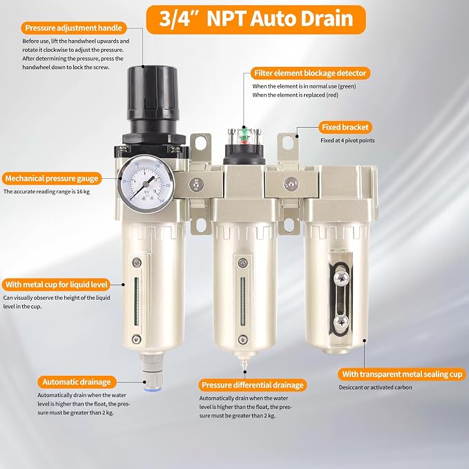 3/4" NPT Industrial Grade 3 Stage Air Compressor Drying System, 0-240 PSI - Image 4