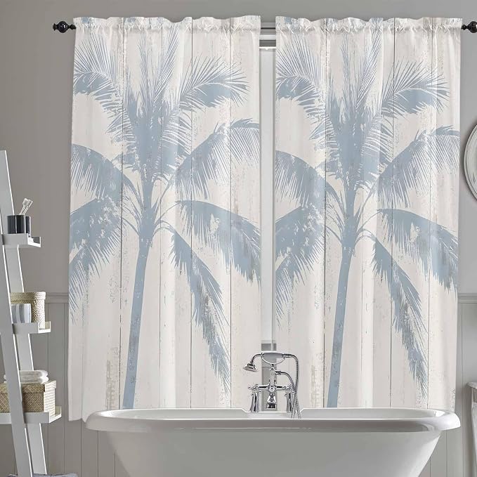 Summer Coconut Tree on Vintage Wood Grain Window Valance Curtains, Seaside by IDOWMAT
