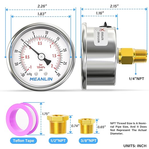 MEANLIN MEASURE -30inHG~30Psi Vacuum Gauge Stainless Steel 1/4" NPT 2" FACE - Image 2
