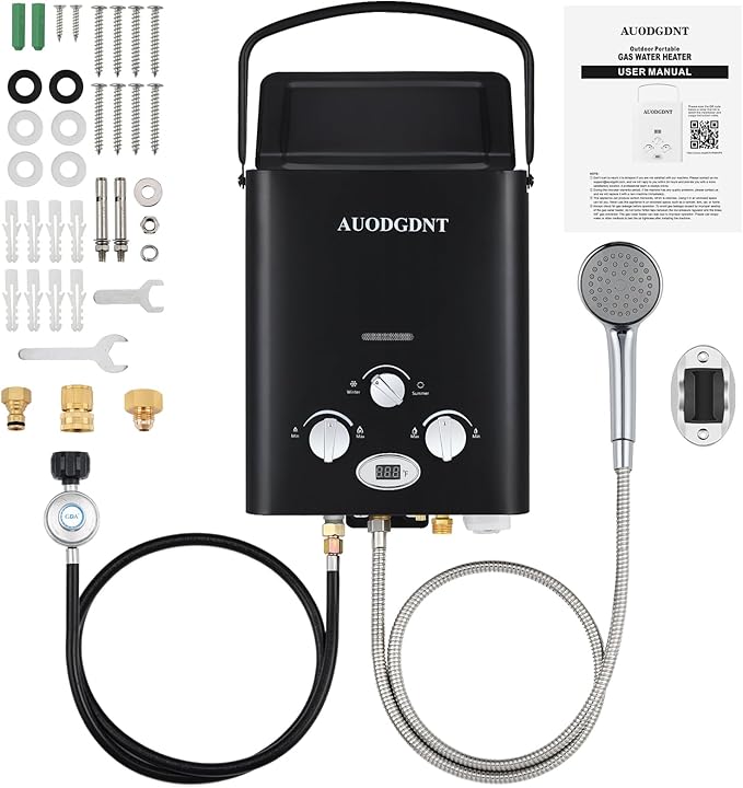 Portable Water Heater Propane Tankless,6L 1.58GPM Outdoor Instant Gas Water Heater with LED Display for RV, Camping,Outdoor Shower(Black)