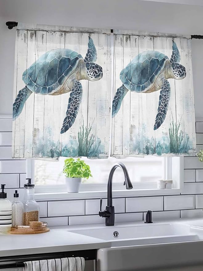 Sheer Curtains 45 Inch Length, Sea Turtle Teal Blue Semi Sheer Curtains Light - Image 5