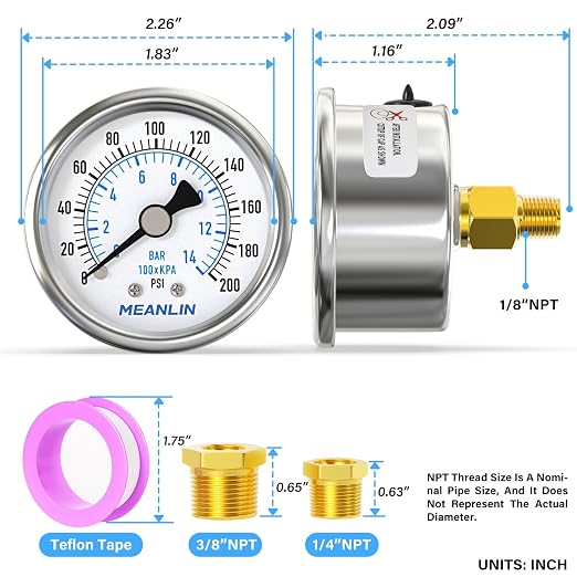 MEANLIN MEASURE 0~200Psi Dry Pressure Gauge Stainless Steel 1/8" NPT 2" FACE - Image 2