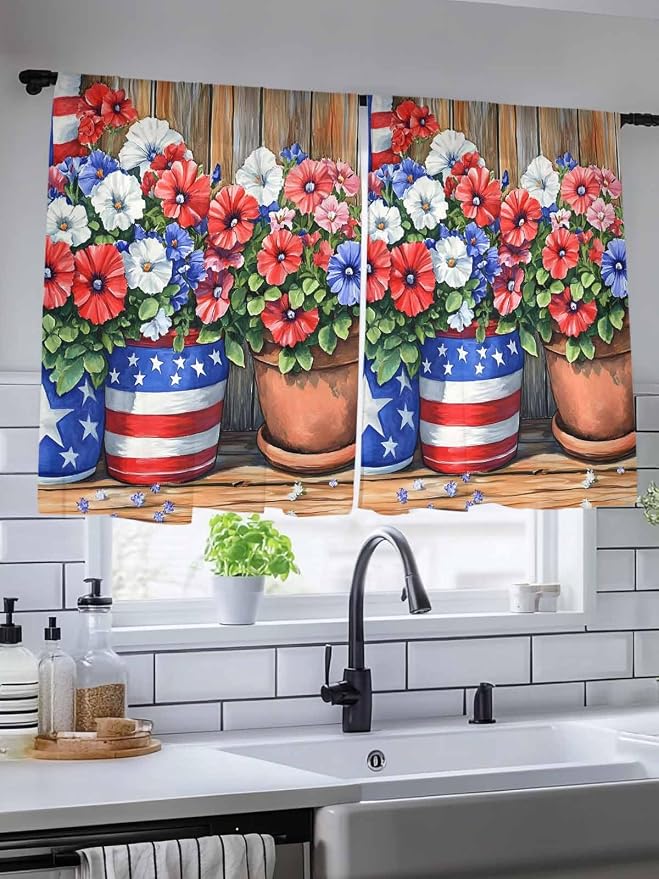 Sheer Curtains 54 Inch Length, Retro Independence Day Flag Wood Grain Privacy - Image 5