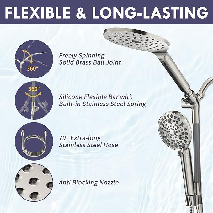 HOWUWEY Filtered Dual Shower Head with Handheld Spray Combo for Hard Water, 7.5-inch Modern High Pressure Shower Head with 9-mode Handheld and Filter, 79-inch Hose (Filtered, Brushed Nickel)