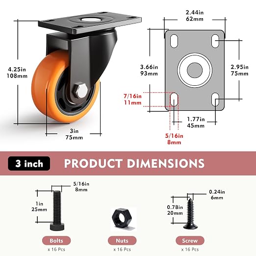 3 Inch Heavy Duty Caster Wheels, Industrial Casters Set of 4 Load 1200lbs - Image 2