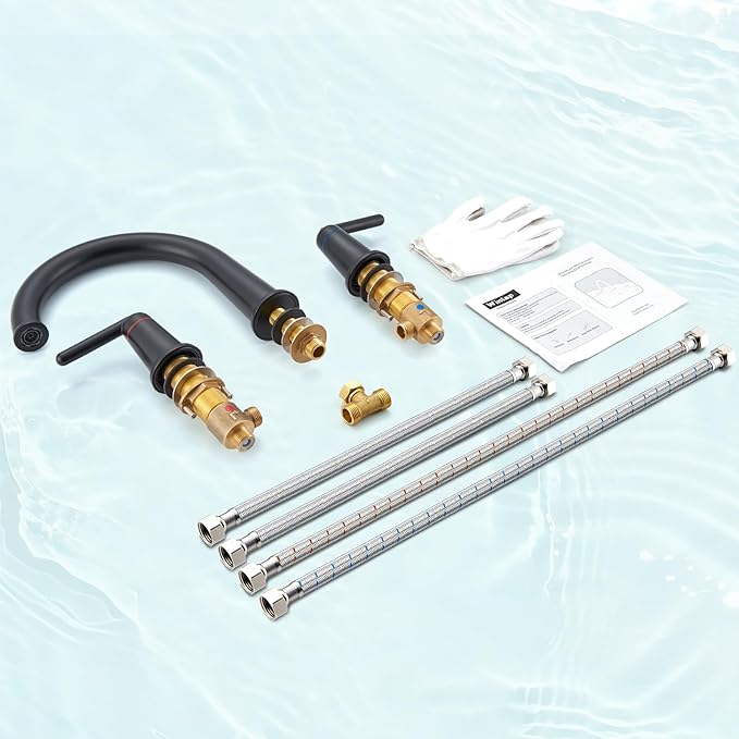 Bathtub Faucet Set 3 Hole, Widespread Deck Mount Tub Faucet with Valve Brass High Flow Tub Filler Garden Bath Tub Faucet Set 2-Handle High Arch Roman Bathtub Faucets Matte Black WT-9807BK