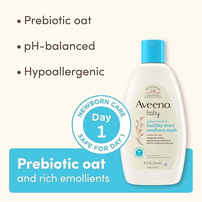 Aveeno Baby Healthy Start Nourishing Newborn Wash, Hypoallergenic Baby Body Wash, Prebiotic Oat, Gently Cleanses Sensitive Skin, No added Fragrances & Parabens, Tear-free, 8 fl. oz