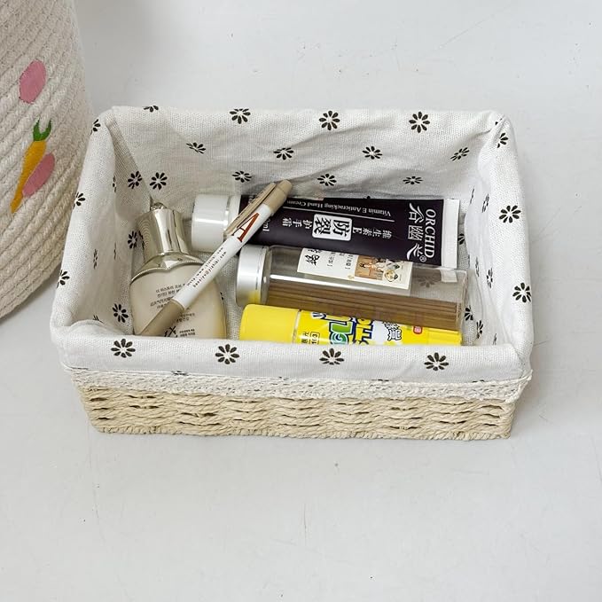 4-Pack Handmade Beige Woven Paper Rope Storage Baskets with Inner Handles & Removable Liners, Rectangular Organizers for Drawers, Shelves & Closets, Decorative Small Storage Bins