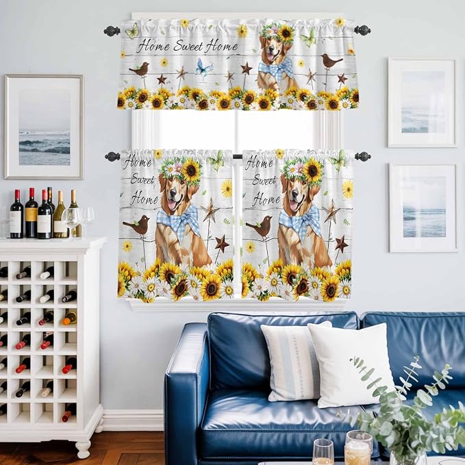Kitchen Curtains Tiers and Valance Set of 3, Sunflowers Dog Light Filtering - Image 6
