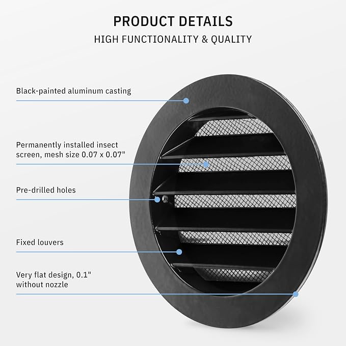calimaero® WSGB Soffit Vents 4 inch Black Round Grille Vent Cover - Image 4