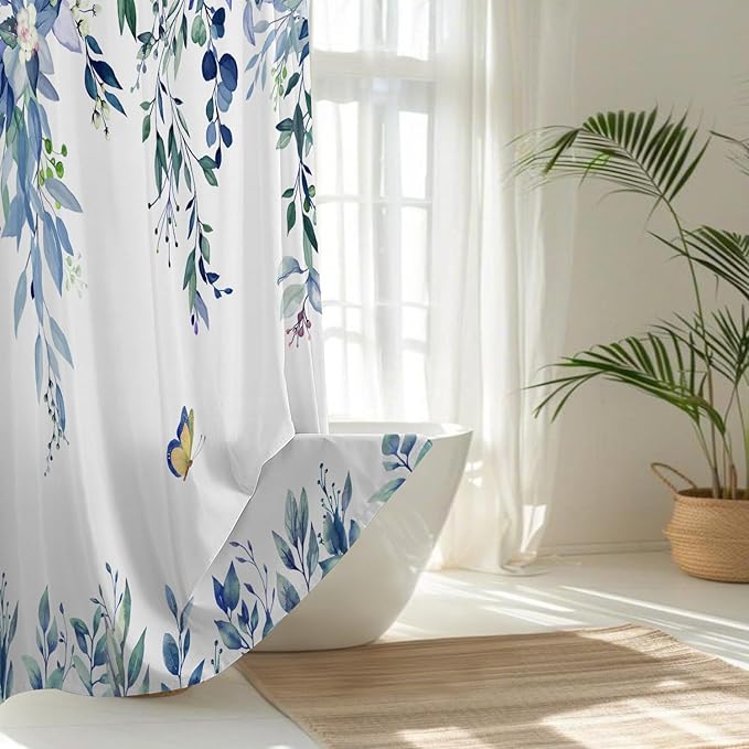 No Hook Shower Curtain and Liner Set, Blue Eucalyptus Floral Shower Curtains for Bathroom, Bath Curtain Sets with Snap in Liner, Waterproof with See Through Top Window, 71x84 Inches