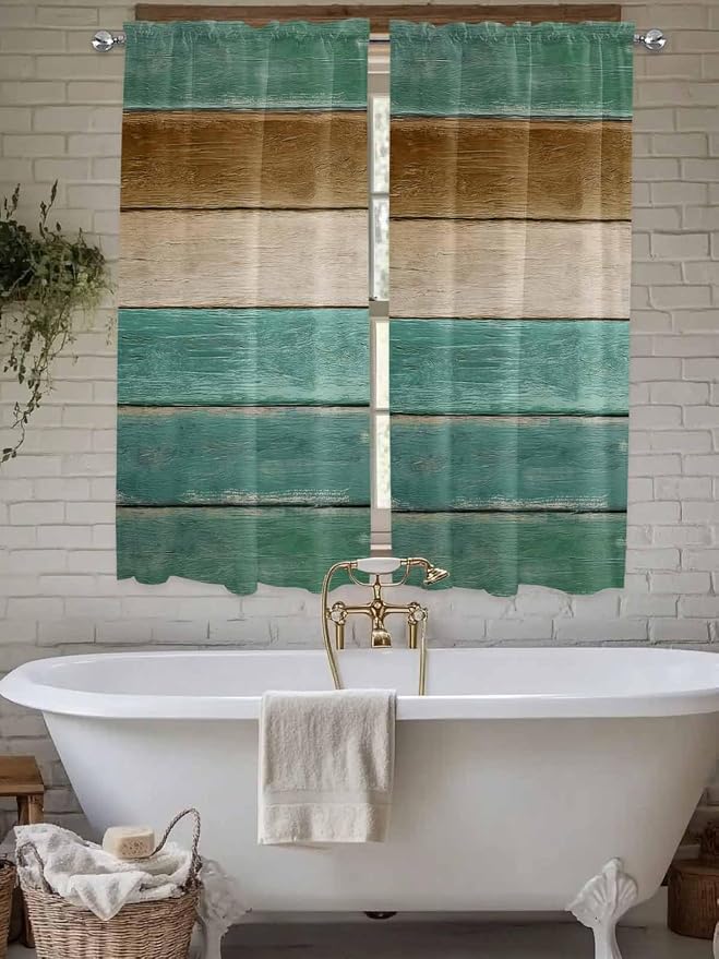 Vintage Plank Turquoise Brown Window Valance Curtains, Farmhouse Wood Grain - Image 5