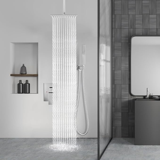 Aolemi Ceiling Mount Shower System Rain Shower Head with Handheld Spray High Pressure Shower Faucet Set Rough-in Valve Shower Trim Kit Included Bathroom Polish Chrome 8 Inch Ceiling Shower Head