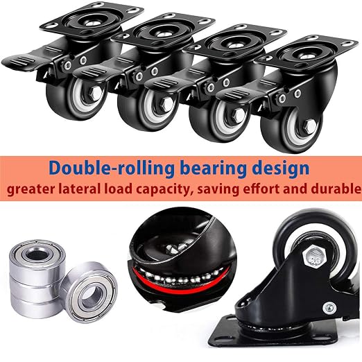 2 inch Casters Set of 4 with Brake, Polyurethane and Floor Protection, - Image 5