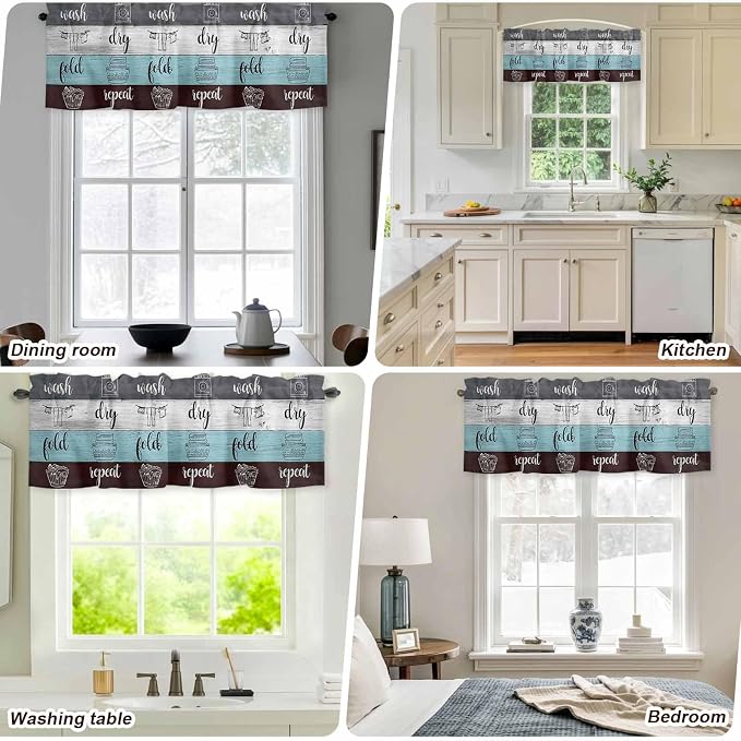 Laundry Rules Valances for Windows, Retro Blue White Wood Board Grain Kitchen - Image 7