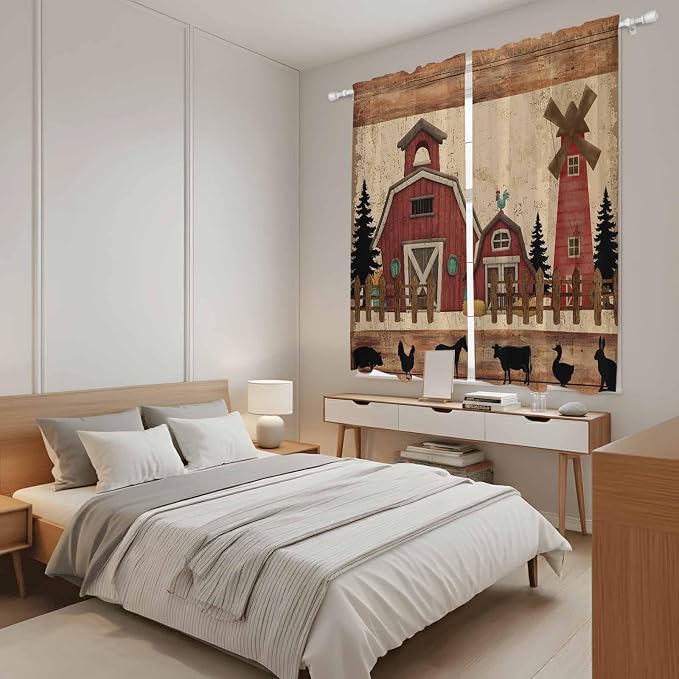 Brown Farmhouse Kitchen Curtains, Vintage Country Animals Wooden Grain Light - Image 4