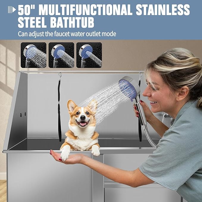 50 Inch Professional Dog Wash Station, Stainless Steel Dog Grooming Tub for Large, Medium & Small Pets - with Anti-Slip Stairs, Drain & Door, Silver